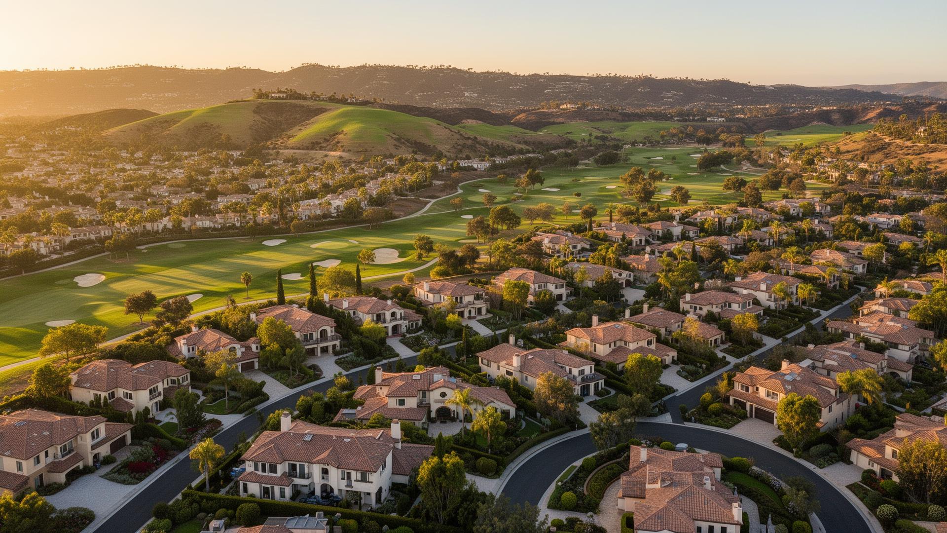 Aerial view of Rancho Bernardo at golden hour with golf courses and green hills